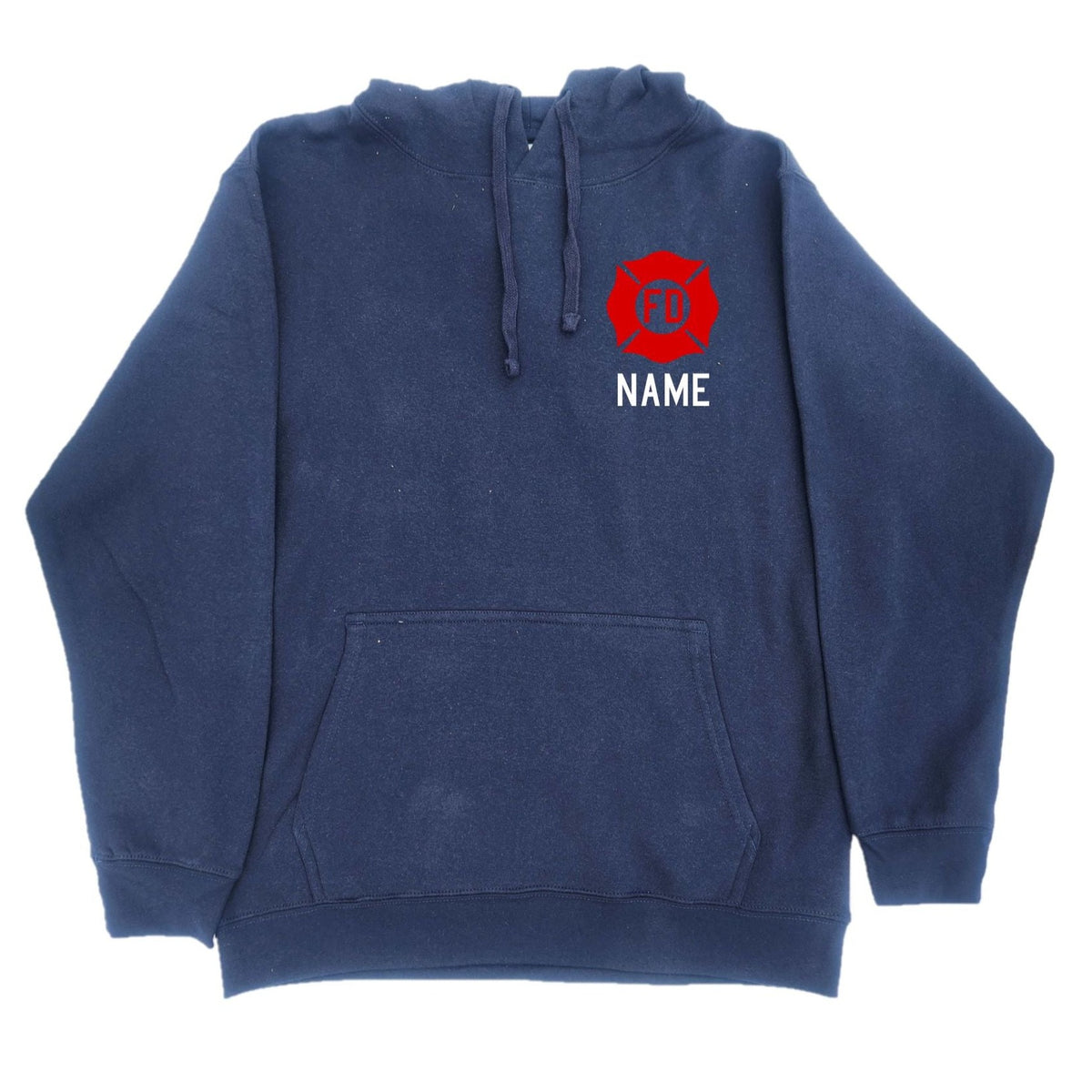 Firefighter Personalized Adult Unisex Navy Pullover Hoodie with RED Maltese Cross
