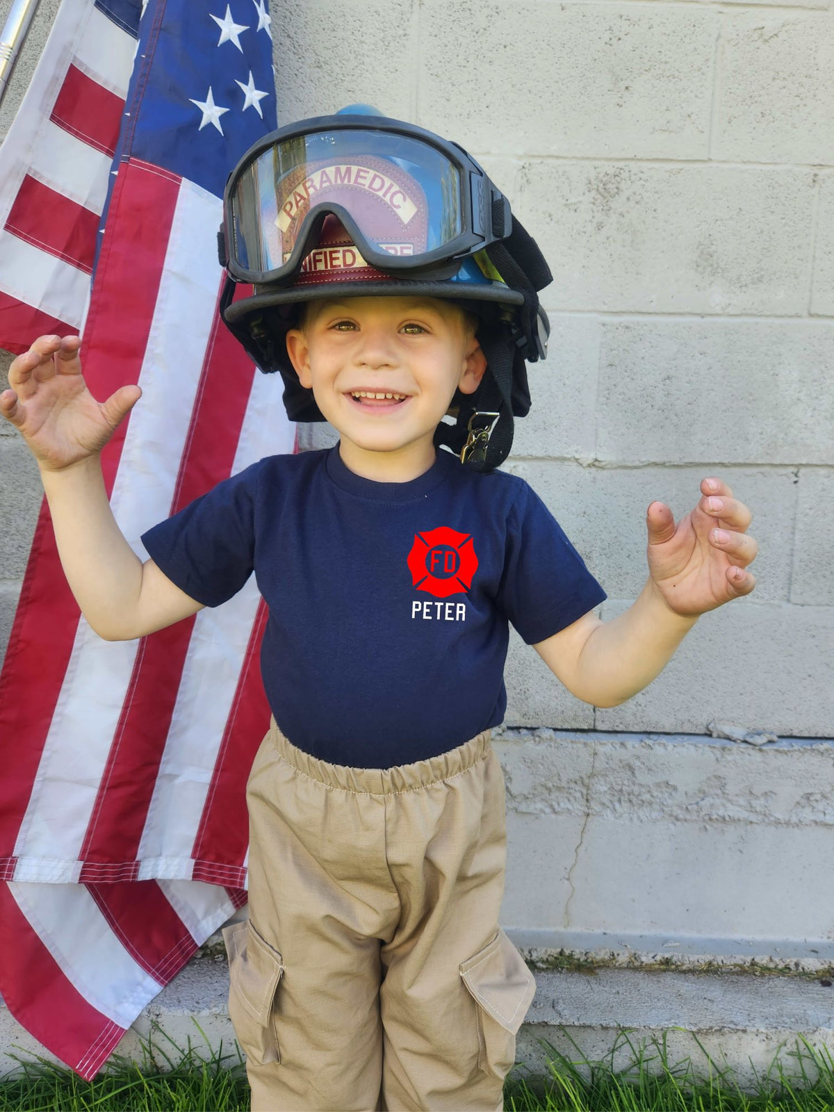 RED MALTESE CROSS Firefighter Personalized TAN 3PC Toddler Outfit