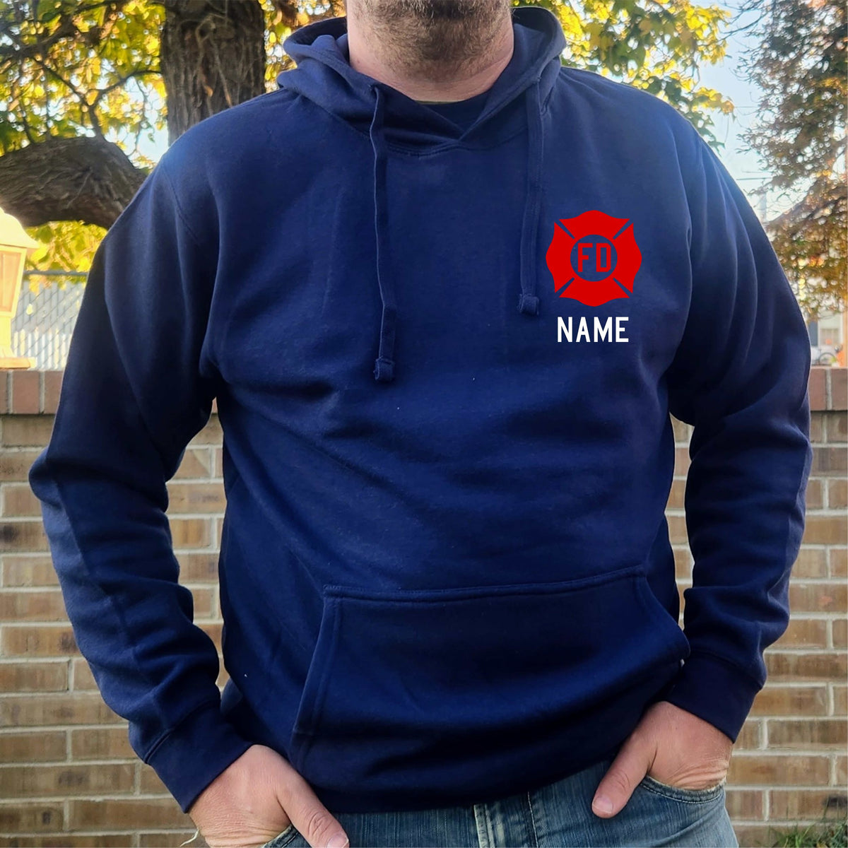 Firefighter Personalized Adult Unisex Navy Pullover Hoodie with RED Maltese Cross