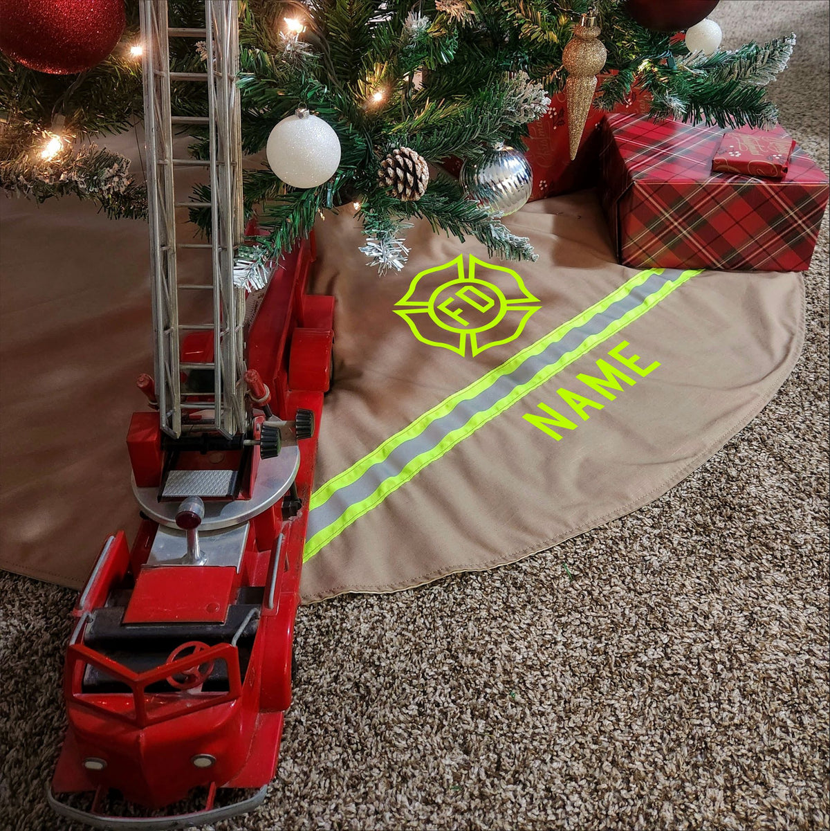 Firefighter Personalized TAN Christmas Holiday Tree Skirt