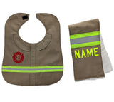 Firefighter Personalized Baby TAN Bib & Burp Rag Set