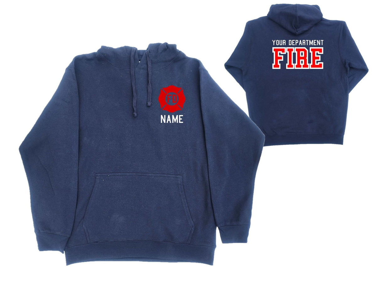 Firefighter Personalized Adult Unisex Navy Pullover Hoodie with RED Maltese Cross