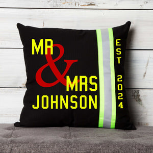 Firefighter Personalized BLACK Wedding Pillow with Last Name and Date