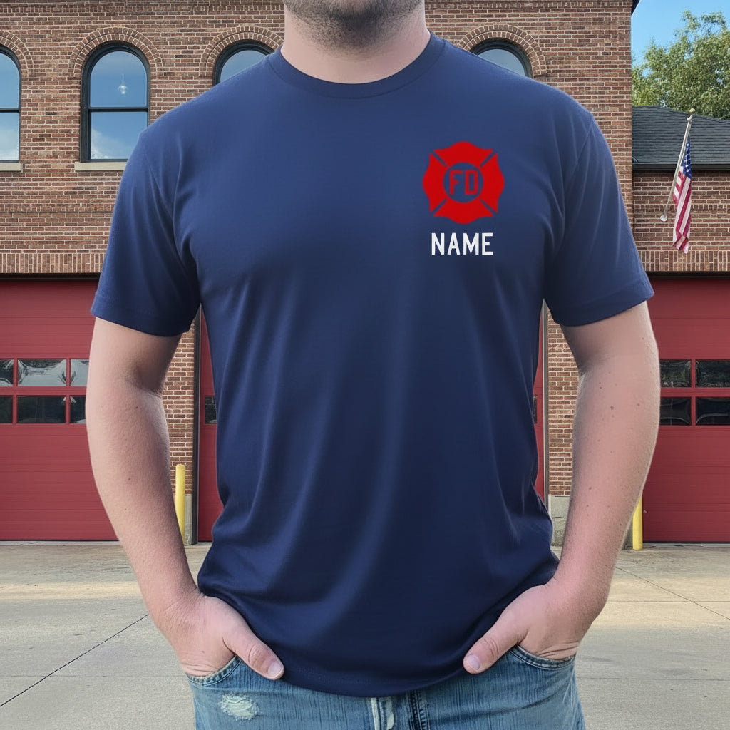 Firefighter Adult Men's Personalized Navy Shirt with RED Maltese Cross