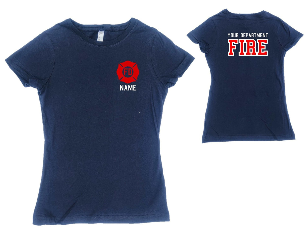 Firefighter Adult Womens Personalized Navy TShirt with RED Maltese Cross