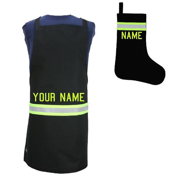 Firefighter Personalized BLACK Apron and Stocking Set
