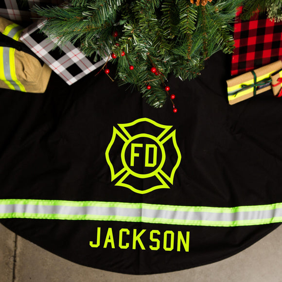 Firefighter Personalized BLACK Christmas Holiday Tree Skirt