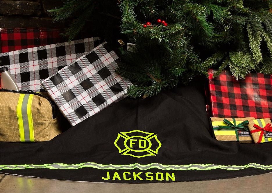 Firefighter Personalized BLACK Christmas Holiday Tree Skirt