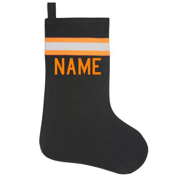 Firefighter Personalized BLACK Christmas Holiday Stocking with ORANGE Reflective
