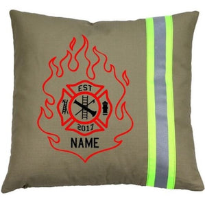 Firefighter Personalized TAN Pillow - Flame Maltese Cross