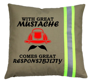 Firefighter TAN Pillow - With Great Mustache Comes Great Responsibility
