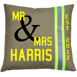 Firefighter Personalized TAN Wedding Pillow with Last Name and Date