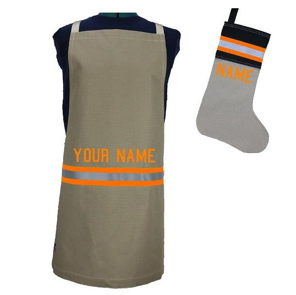 Firefighter Personalized TAN Apron and TAN/BLACK Stocking Set with ORANGE Reflective